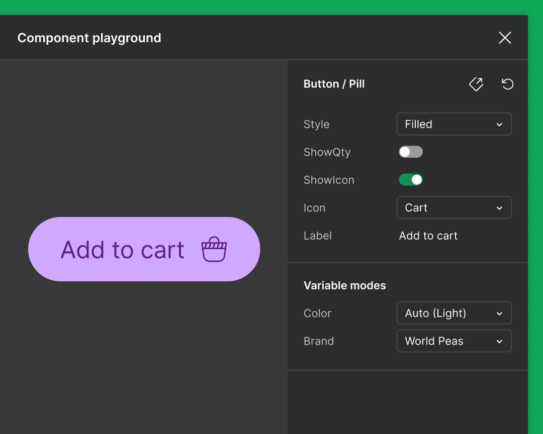 add to cart button with style adjustments and variable modes on right hand panel interface