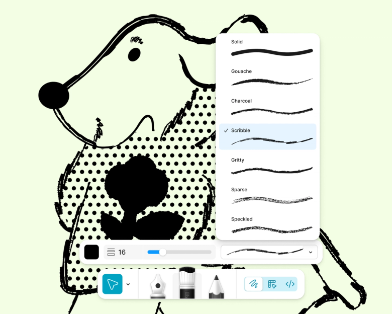 illustration of dog using numerous brushes with overlay to select from