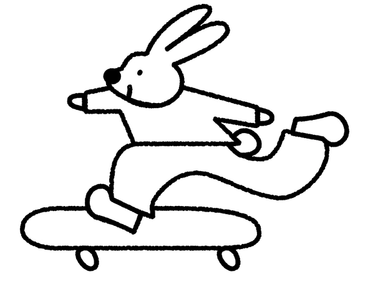 Simple black line drawing of a rabbit riding a skateboard with arms outstretched for balance.
