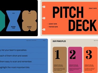 Collection of presentation slide templates showing agenda items, pitch deck cover with orange design, blue slide with bullet points about team specialties, and principles section with numbered colorful cards.