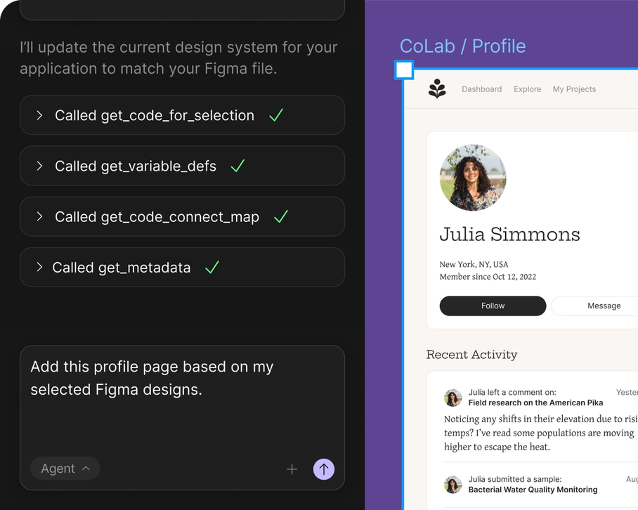 Screenshot of a design-to-code interface showing completed API calls on the left and a user profile page for Julia Simmons on the right, displaying her location, membership details, and recent research activity.
