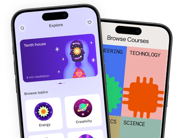 Two smartphones displaying app interfaces - left shows a meditation app with "Tenth house" session and topic browsing including Energy and Creativity categories, right shows a course browsing app with subject areas like Engineering, Technology, and Science in colorful sections.