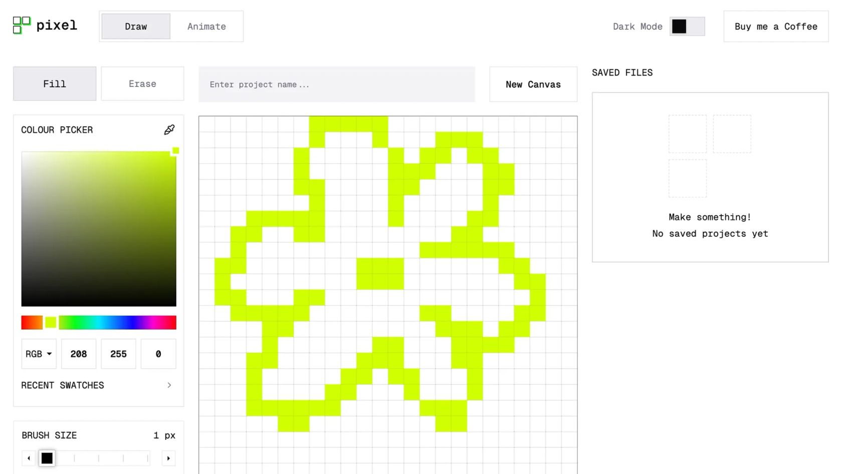 pixel interface with a colorpicker and a pixelated flower shape