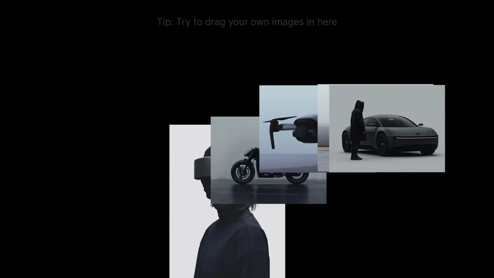 four overlapping images of a person next to a car, a motorcycle, a person wearing a vr headset, and a drone