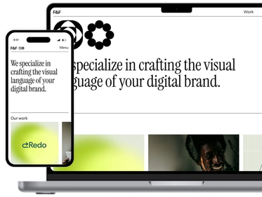 Responsive website design for F&F digital agency showing mobile and desktop versions with minimalist black and white layout, featuring their tagline about crafting visual language for digital brands and portfolio samples.
