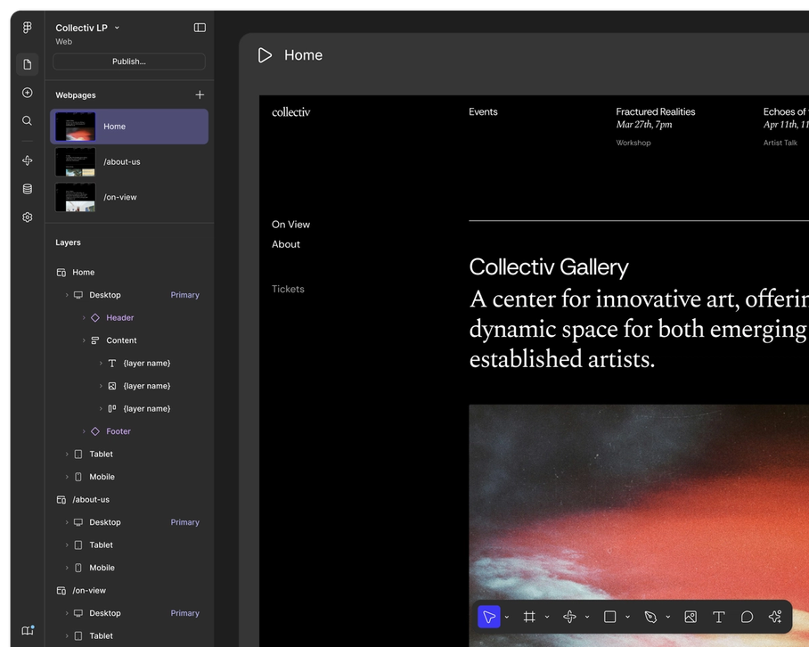 Screenshot of a web design tool showing the Collectiv Gallery website interface with navigation sidebar on left and homepage preview featuring gallery description and artistic background image on right.