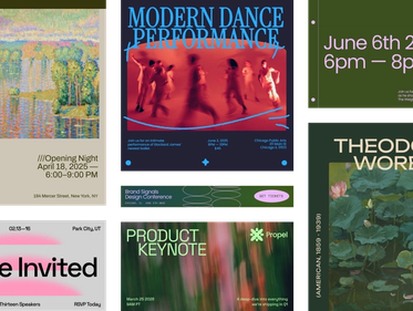 Collection of event poster designs featuring various layouts and styles, including art exhibition announcements, dance performances, design conferences, and product keynotes with diverse color schemes and typography treatments.