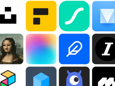 Grid of colorful app icons including productivity tools, design software, and utilities with various geometric shapes, symbols, and branding elements in bright colors like yellow, green, blue, and gradients.