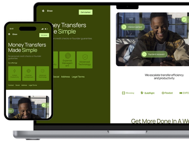 Responsive web design mockup for Etran money transfer service showing mobile and desktop versions with green branding, "Money Transfers Made Simple" headline, and notifications displayed across multiple devices.