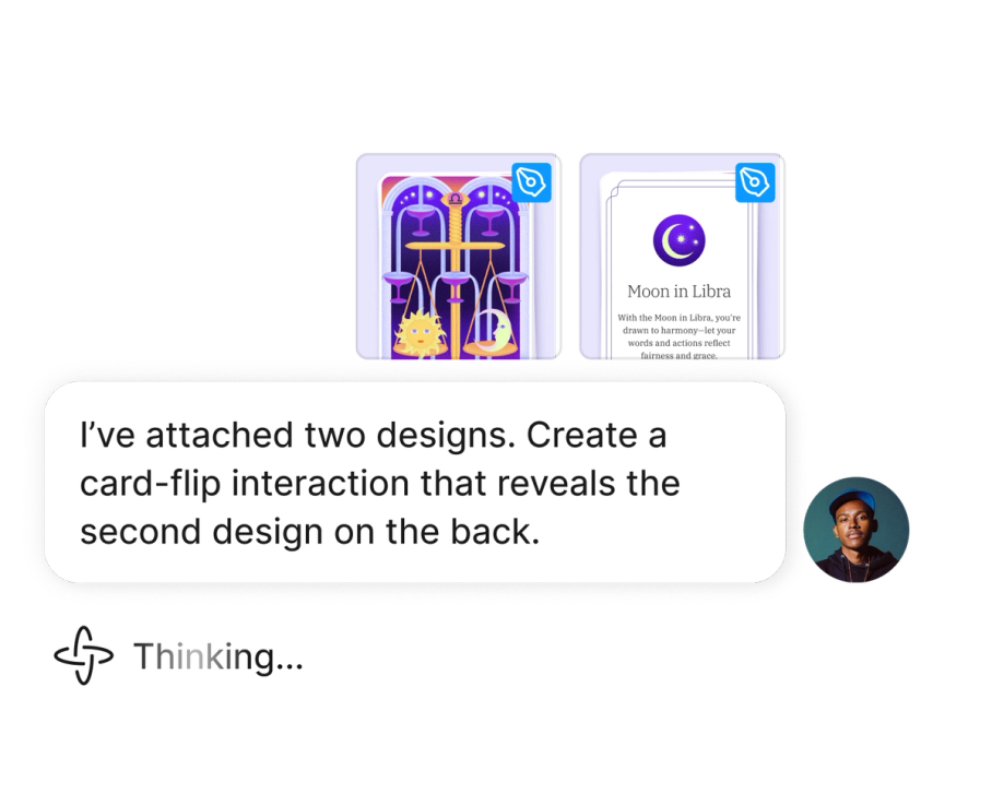 Screenshot showing two card designs - a colorful tarot-style illustration and a "Moon in Libra" card with purple smiley face. Text requests creating a card-flip interaction between the designs, with a "Thinking..." loading indicator below.