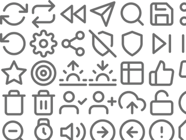 Grid of gray outlined UI icons including arrows, play buttons, search, settings, share, star, thumbs up, shopping bag, user profiles, cloud upload, lock, clock, and other common interface symbols.