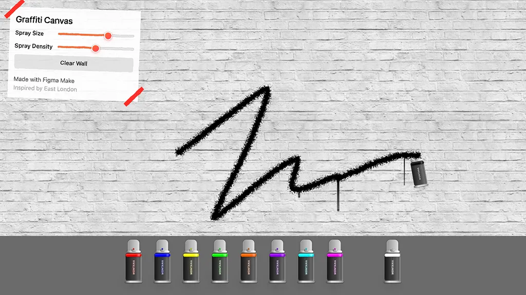 Digital graffiti application interface showing a black spray-painted signature on a white brick wall background, with control sliders for spray size and density, and a palette of colored spray paint cans at the bottom.