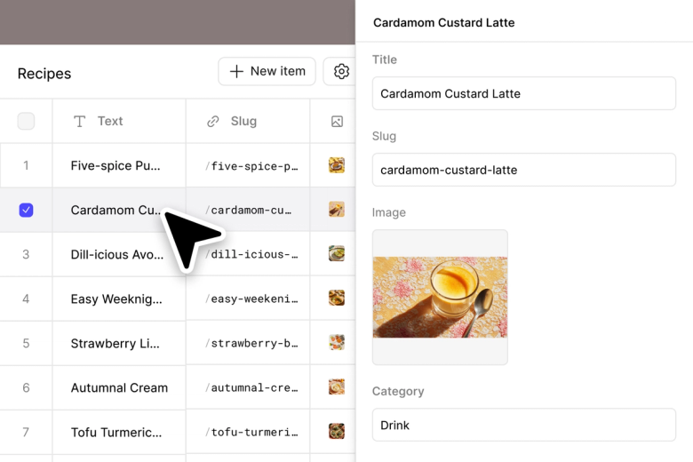 list of recipes in table populating fields in CMS