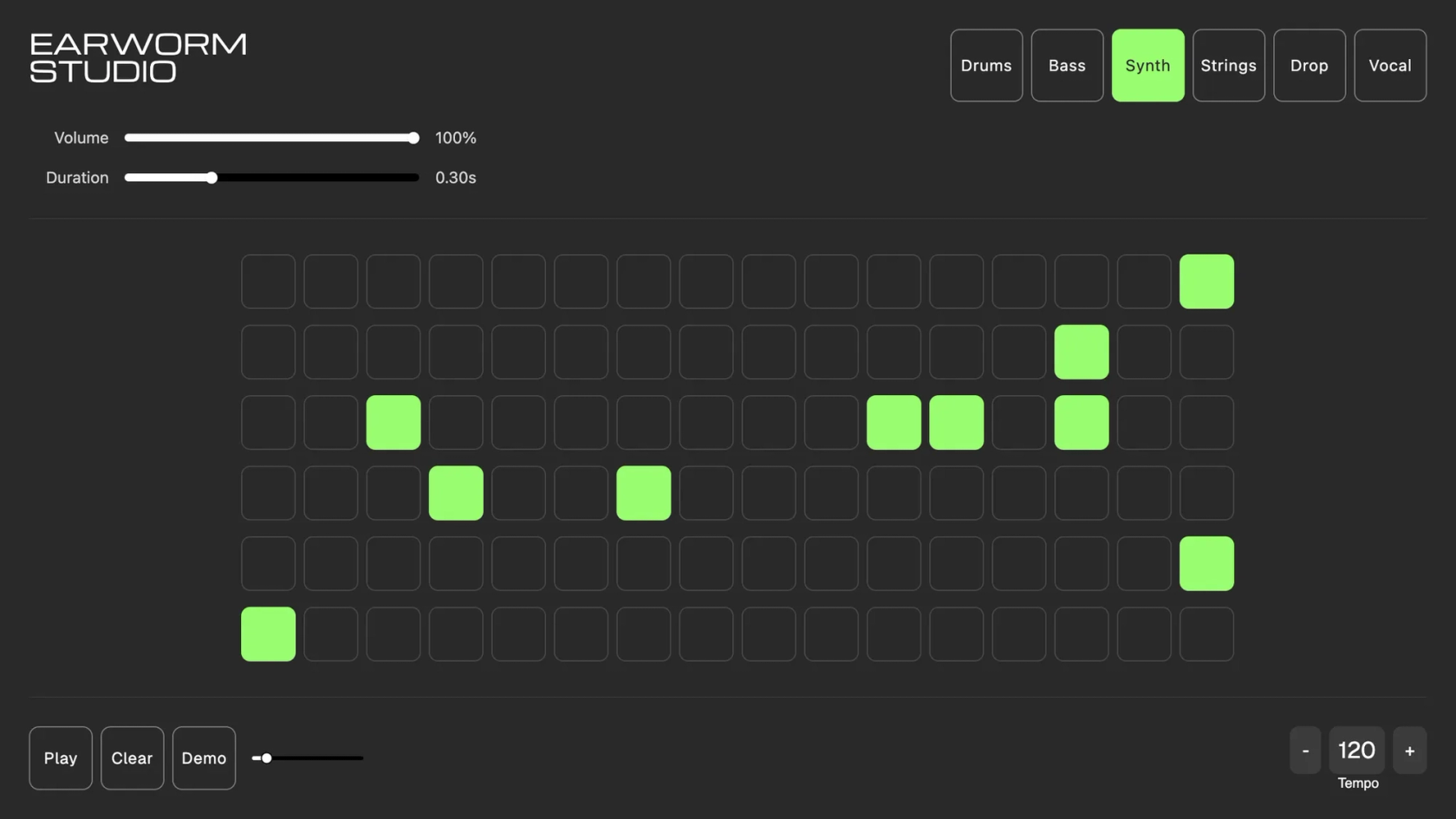 Screenshot of Earworm Studio drum machine interface with dark theme. Shows instrument tabs at top (Synth selected in green), volume/duration controls, a 6x16 step sequencer grid with several green activated steps forming a beat pattern, and playback controls with 120 BPM tempo setting.