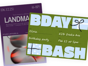 Two overlapping invitation designs - a purple "LANDMARKS" event invitation for Studio Latitude LA and a green "BDAY BASH" party invitation for Olivia's birthday party with event details.