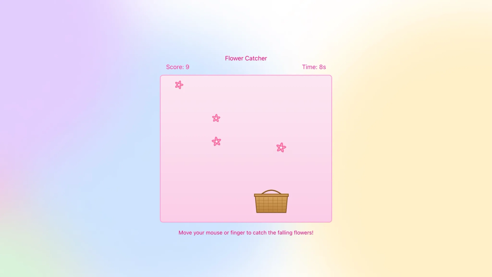 a basket catching flowers at the bottom with time and score